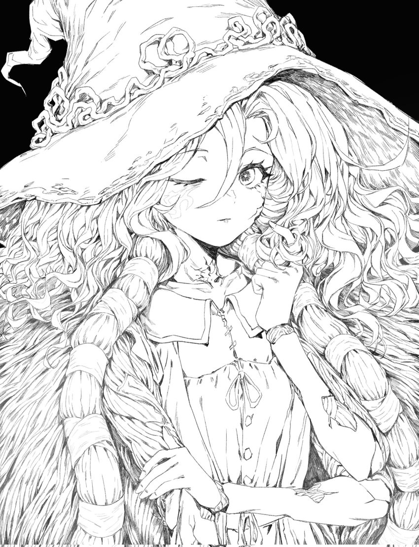 1girl, black_background, cloak, closed_mouth, cracked_skin, dress, elden_ring, extra_arms, flat_chest, fur_cloak, greyscale, hair_between_eyes, twirling_hair, hat, highres, joints, long_hair, looking_at_viewer, mia_(39565899), monochrome, one_eye_closed, ranni_the_witch, simple_background, solo, witch_hat