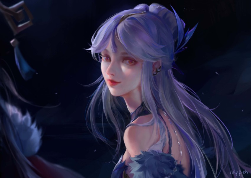 1girl, blue_hair, closed_mouth, earrings, from_side, genshin_impact, hair_ornament, happeh