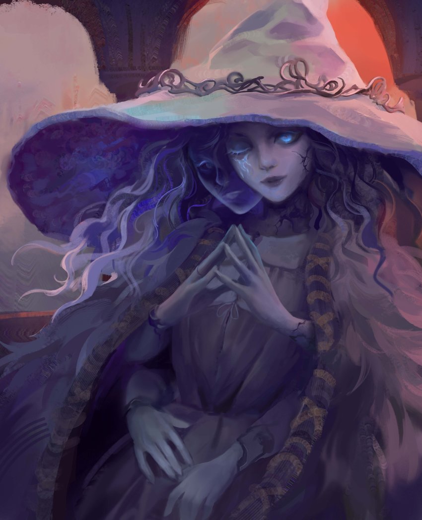 1girl, absurdres, blue_eyes, cloak, closed_mouth, colored_skin, cracked_skin, dress, elden_ring, extra_arms, extra_faces, fur_cloak, grey_dress, grey_skin, happeh, hat, highres, large_hat, looking_at_viewer, one_eye_closed, own_hands_together, ranni_the_witch, sitting, smile, solo, white_hat, witch_hat