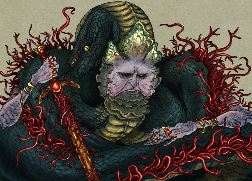 1boy, black_sclera, bracelet, colored_sclera, dated, elden_ring, emma_ward, frown, gold_bracelet, holding, holding_sword, holding_weapon, jewelry, jitome, looking_at_viewer, male_focus, monster, multiple_rings, parted_lips, ring, rykard_lord_of_blasphemy, signature, snake, solo, spoilers, sword, weapon, yellow_eyes