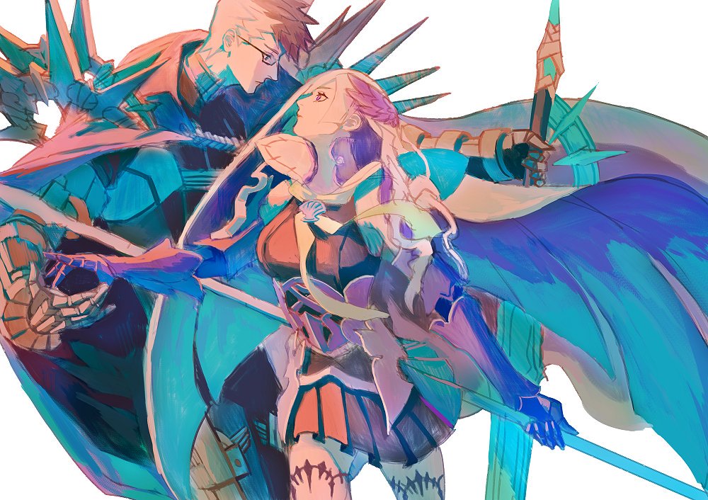 1boy, 1girl, :|, armor, black_skirt, blue_eyes, blue_hair, brynhild_(fate)