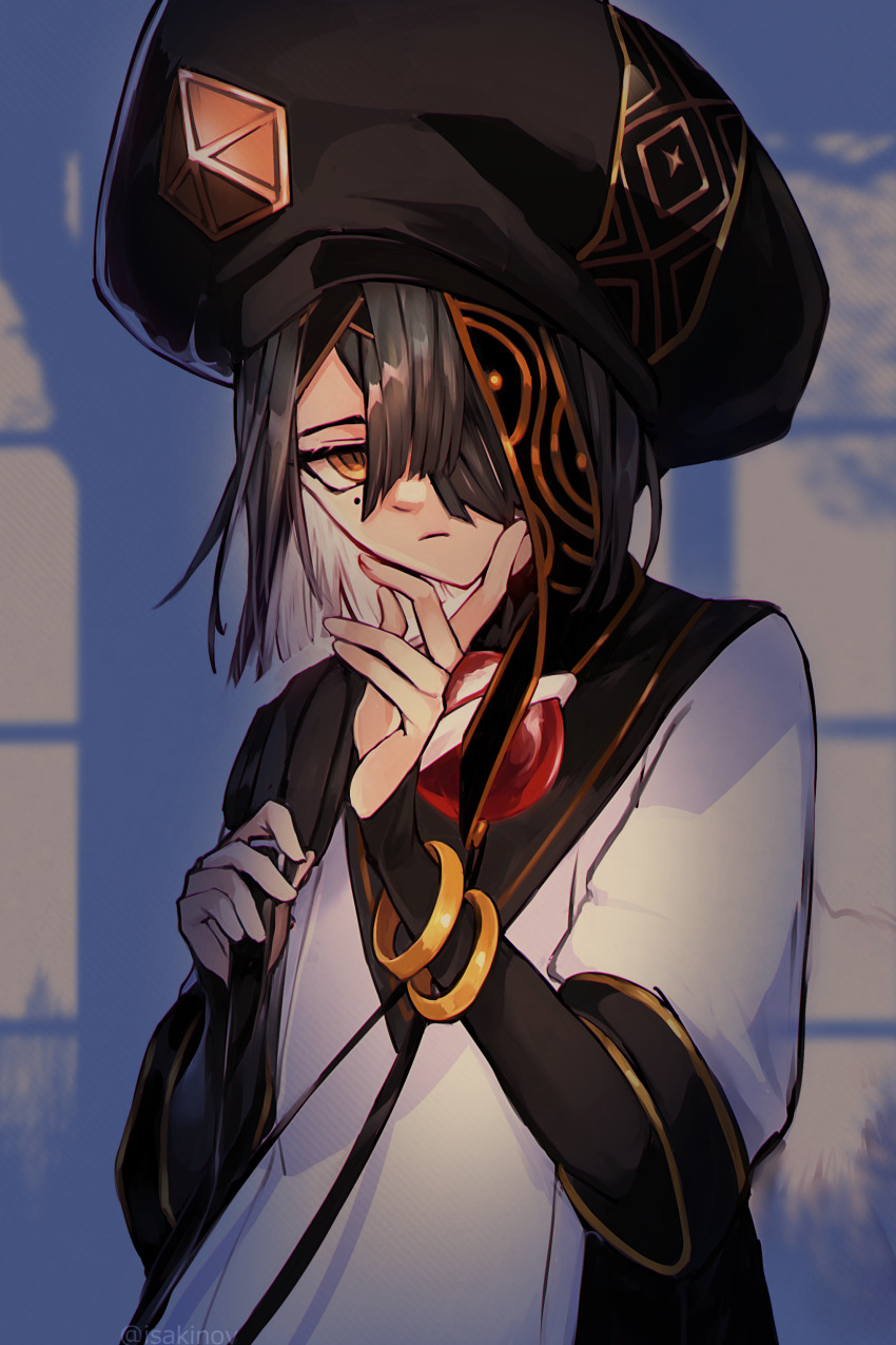 1girl, absurdres, black_hair, black_hat, breasts, bridal_gauntlets, brown_eyes, chinese_clothes