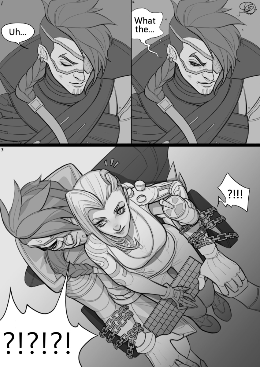 !?, 1boy, 1girl, braid, breasts, chain, chained, chained_wrists, diter-trsey, eyepatch, from_above, gloves, greyscale, highres, holding, jinx_(league_of_legends), kayn_(league_of_legends), computer_keyboard, league_of_legends, long_hair, looking_at_another, medium_breasts, monochrome, notice_lines, odyssey_kayn, on_lap, pants, shoes, shoulder_tattoo, sitting, speech_bubble, tattoo