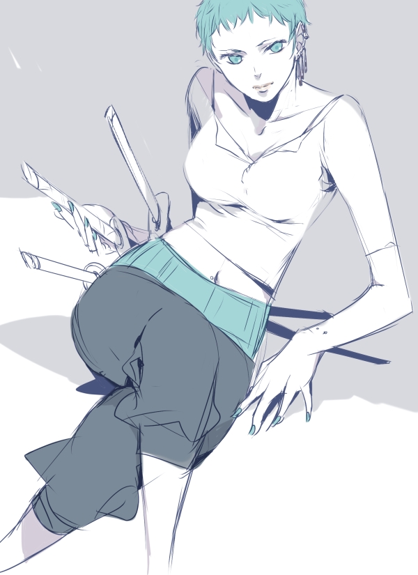 1girl, aqua_nails, arm_support, bad_id, bad_pixiv_id, crossed_legs, earrings, female_focus, genderswap, genderswap_(mtf), green_eyes, green_hair, haramaki, iz_izhara, jewelry, matching_hair/eyes, nail_polish, one_piece, roronoa_zoro, sheath, sheathed, shirt, short_hair, sitting, sketch, solo, sword, weapon