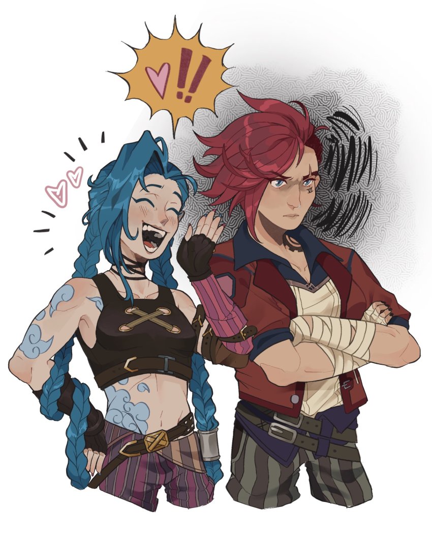 !, !!, 2girls, :d, arcane:_league_of_legends, arcane_jinx, arcane_vi, arm_tattoo, bandaged_arm, bandages, bare_shoulders, belt, blue_hair, braid, brown_belt, brown_pants, character_name, collarbone, crossed_arms, eyebrow_cut, fingerless_gloves, gloves, heart, heyitspegkat, highres, jacket, jinx_(league_of_legends), league_of_legends, long_hair, multiple_girls, open_clothes, open_jacket, open_mouth, pants, pink_pants, red_hair, red_jacket, shoulder_tattoo, siblings, sisters, smile, stomach_tattoo, striped_clothes, striped_pants, swept_bangs, tattoo, teeth, twin_braids, vi_(league_of_legends)