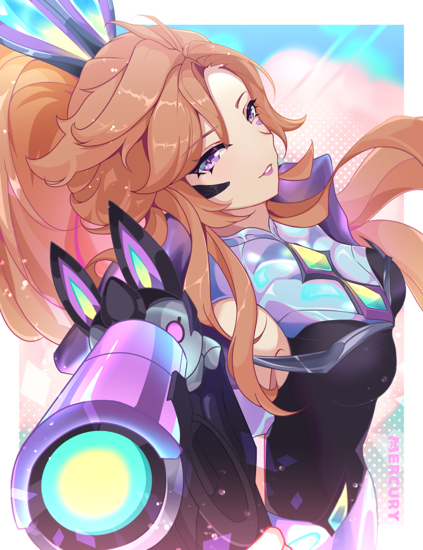 1girl, absurdres, aiming, aiming_at_viewer, animal_ears, bare_shoulders, battle_bunny_miss_fortune, blue_background