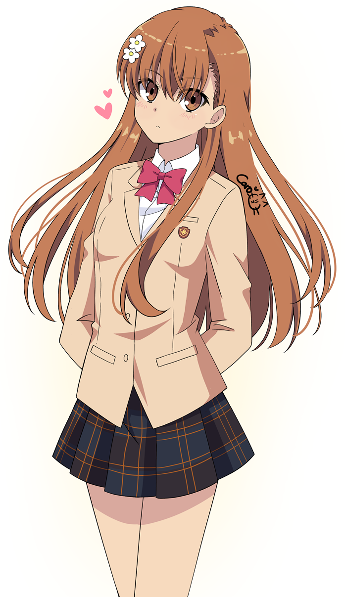 1girl, alternate_hair_length, alternate_hairstyle, arms_behind_back, blazer, blue_skirt, bow, bowtie