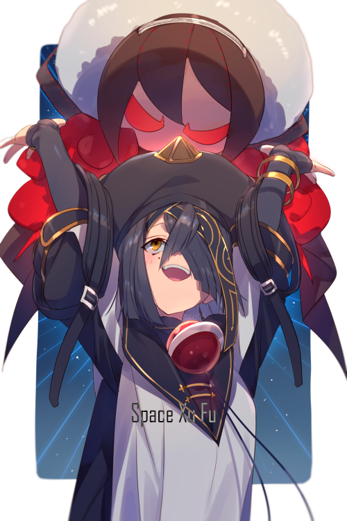 1girl, black_hair, black_hat, breasts, bridal_gauntlets, brown_eyes, character_doll, chinese_clothes