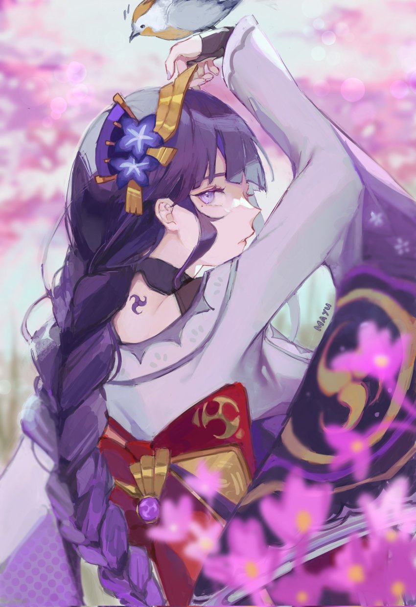 1girl, arm_up, artist_name, bird, bird_on_hand, blunt_bangs, blurry, blurry_background