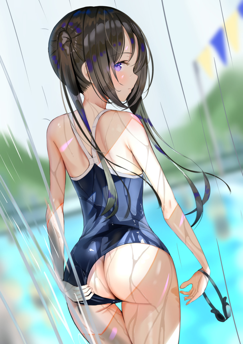 1girl, ass, back, black_hair, black_one-piece_swimsuit, blurry, blurry_background, string_of_flags