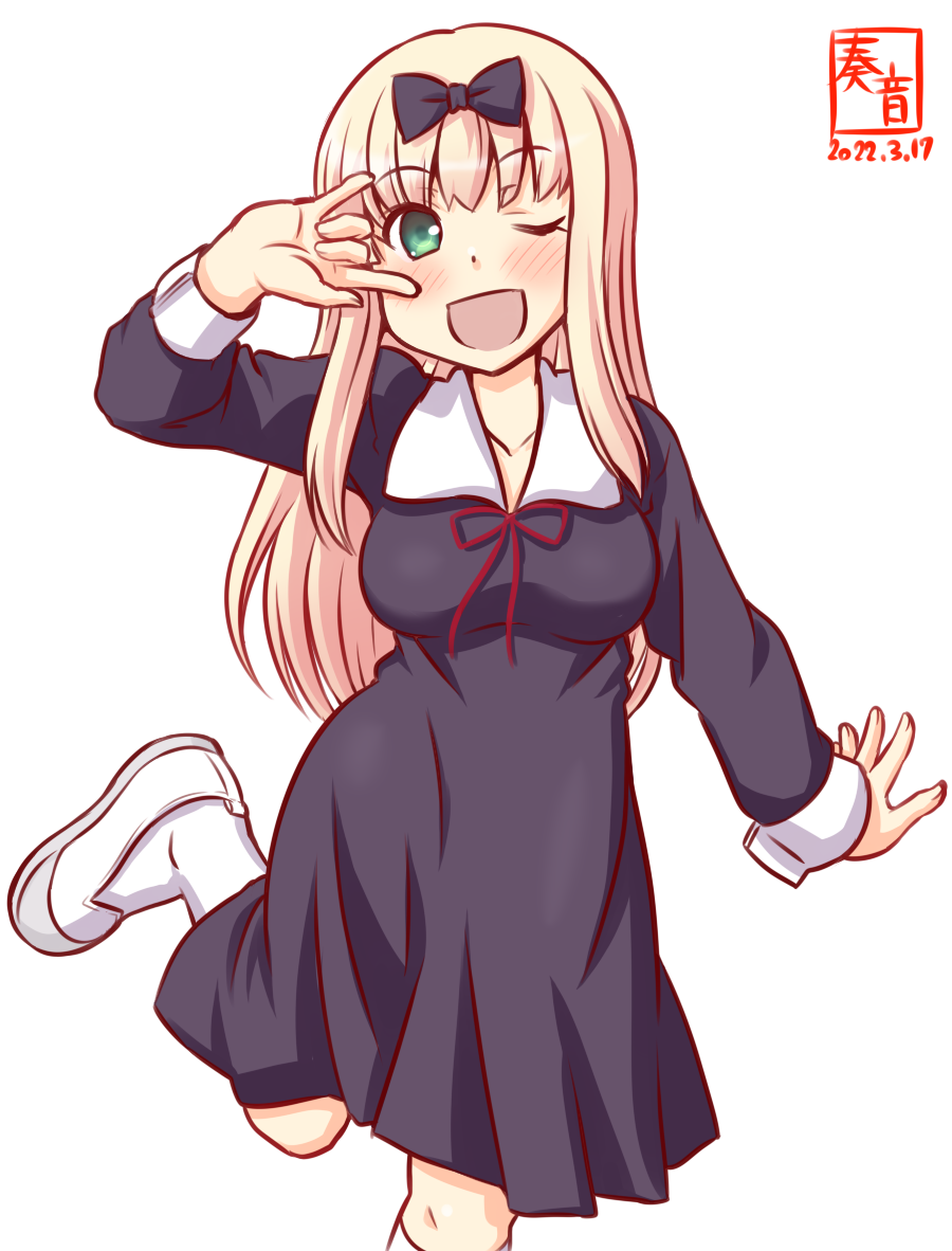 1girl, artist_logo, black_bow, black_dress, blonde_hair, bow, breasts, commentary_request