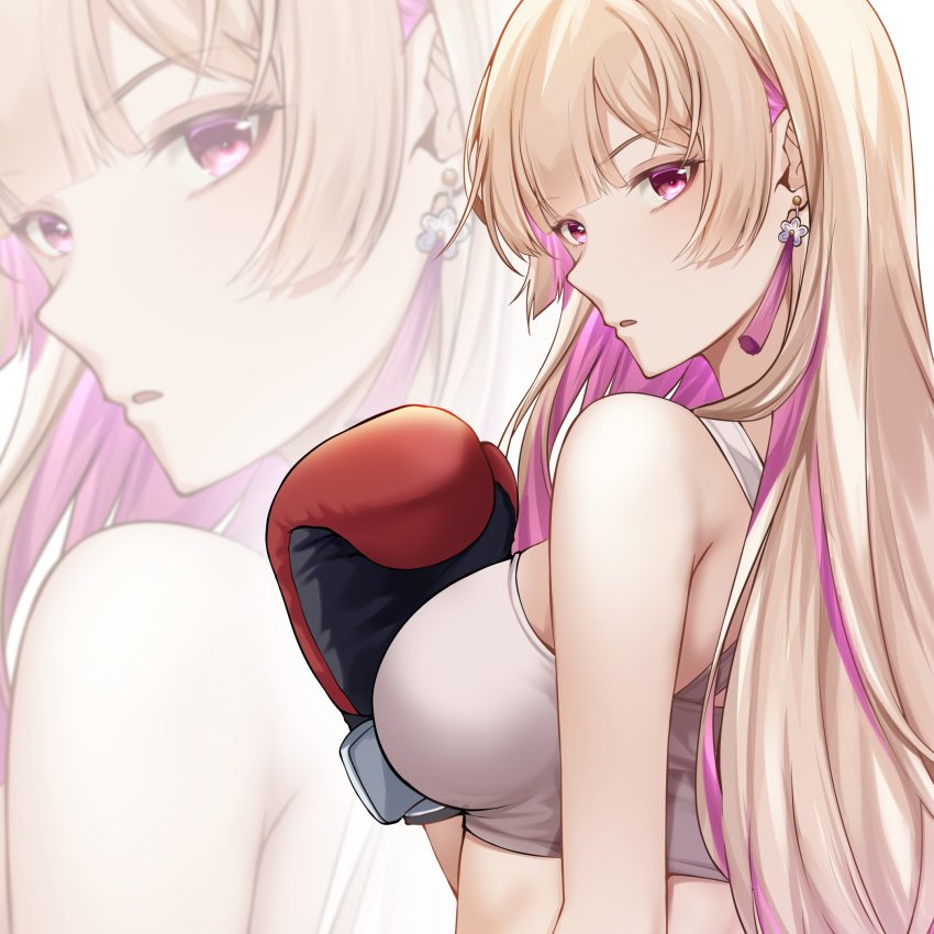 1girl, bare_shoulders, blonde_hair, blunt_bangs, boxing_gloves, breasts, commentary, commission