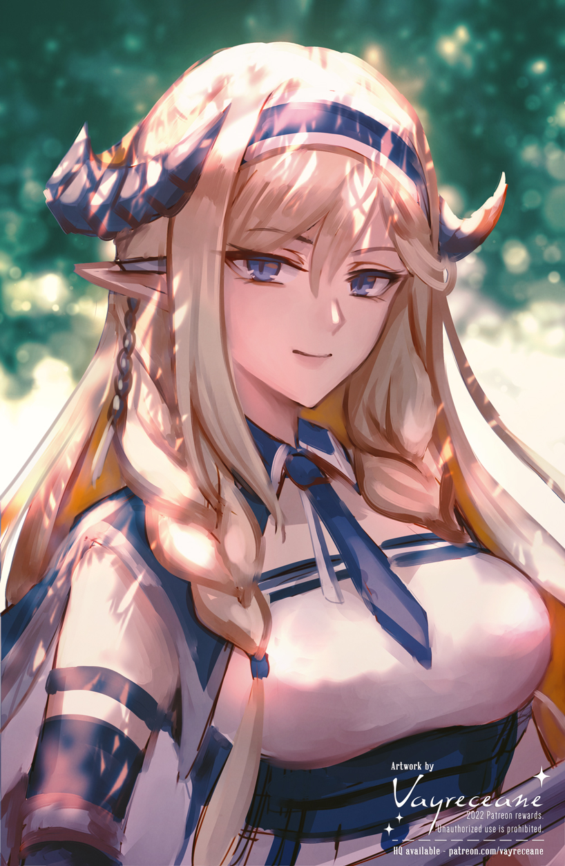 1girl, arknights, bare_shoulders, blonde_hair, blue_eyes, blue_hairband, blue_necktie, braid