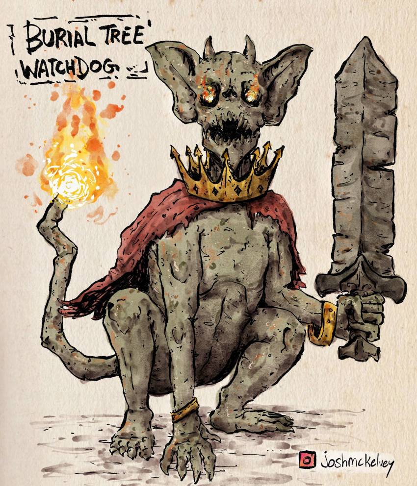 absurdres, animal_ears, artist_name, bracelet, cape, character_name, crown, elden_ring, erdtree_burial_watchdog, fire, flame-tipped_tail, flaming_eyes, gargoyle, highres, holding, holding_sword, holding_weapon, jewelry, joshmckelvey, no_humans, open_mouth, red_cape, simple_background, solo, sword, tail, weapon