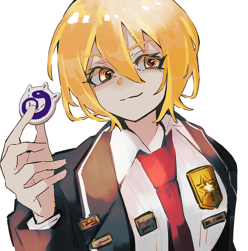 1girl, :3, blonde_hair, blouse, closed_mouth, collared_shirt, don_quixote_(project_moon), hair_between_eyes, highres, holding, jacket, limbus_company, long_sleeves, nakame77, necktie, open_clothes, open_jacket, orange_eyes, project_moon, red_necktie, shirt, short_hair, smile, solo, white_background, white_shirt