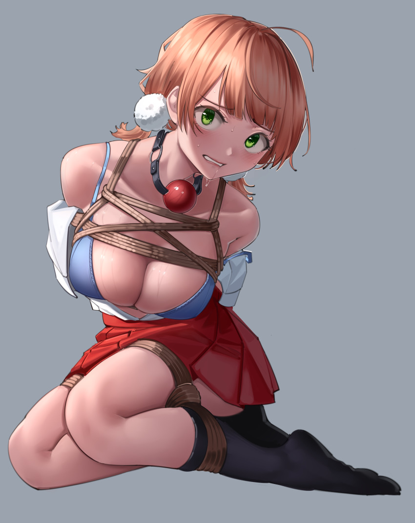 1girl, absurdres, arms_behind_back, ball_gag, bare_shoulders, bdsm, black_socks, blue_bra, blush, bondage, bound, bra, bra_strap, breasts, cleavage, clothes_pull, collarbone, feet, full_body, gag, gag_around_neck, green_eyes, harris_hero, highres, indie_virtual_youtuber, looking_at_viewer, medium_breasts, medium_hair, no_shoes, on_floor, open_clothes, open_mouth, open_shirt, orange_hair, parted_lips, red_skirt, restrained, saliva, shibari, shigure_ui_(summer_uniform)_(vtuber), shigure_ui_(vtuber), shirt, shirt_pull, simple_background, skirt, socks, soles, solo, sweat, underwear, ungagged, unworn_gag, virtual_youtuber, white_shirt