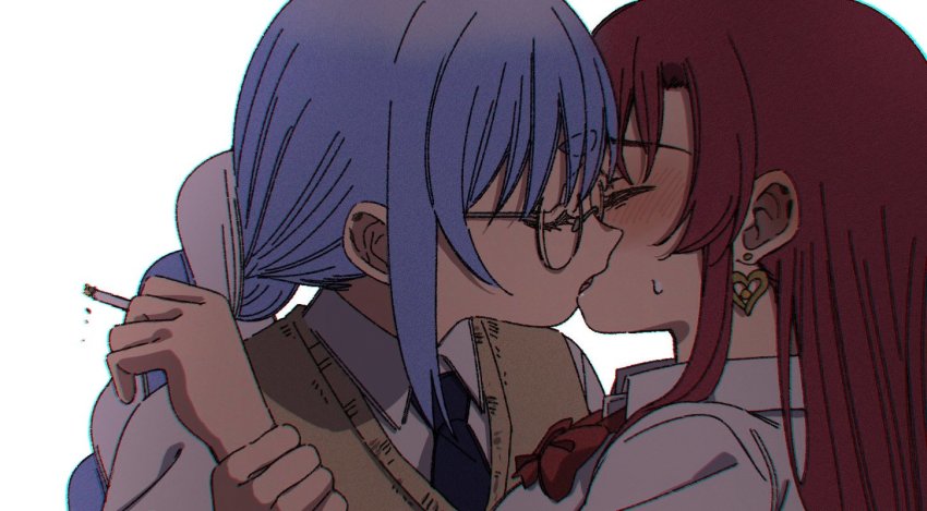 2girls, blue_hair, cigarette, closed_eyes, earrings, glasses, heart, heart_earrings