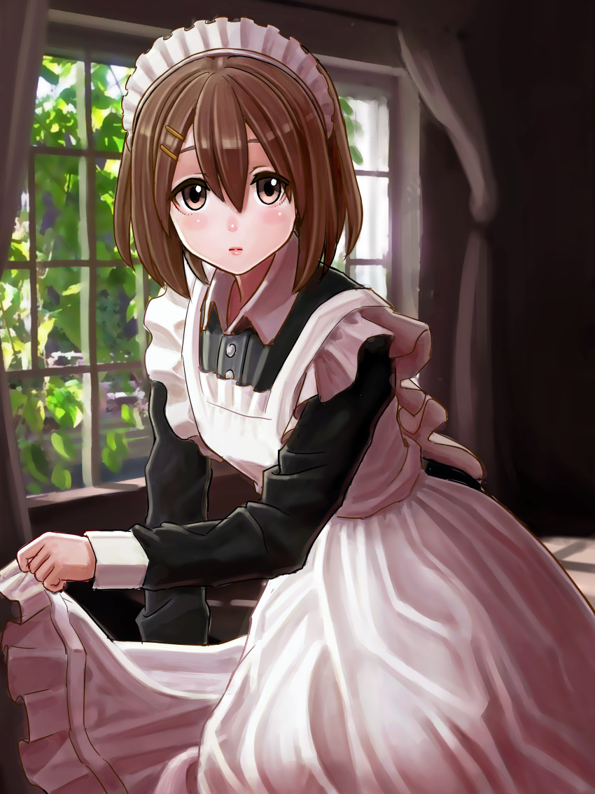 1girl, absurdres, alternate_costume, apron, apron_lift, black_dress, blush, brown_eyes, brown_hair, closed_mouth, clothes_lift, collar, commentary_request, dress, frilled_apron, frills, hair_between_eyes, hair_ornament, hairclip, highres, hirasawa_yui, indoors, k-on!, kotatsumuri_(yaugau), long_sleeves, looking_at_viewer, maid, maid_headdress, short_hair, solo, white_apron, white_collar, window