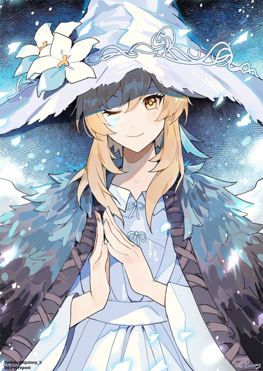1girl, blonde_hair, cloak, closed_mouth, coat, commentary, cosplay, dress, elden_ring, english_commentary, facial_mark, feather_hair_ornament, feathers, flower, fur_cloak, fur_coat, genshin_impact, grey_coat, hair_ornament, hat, hat_flower, highres, long_sleeves, looking_at_viewer, lumine_(genshin_impact), one_eye_closed, own_hands_together, quinny_il, ranni_the_witch, ranni_the_witch_(cosplay), short_hair_with_long_locks, sidelocks, smile, solo, white_dress, white_flower, white_hat, witch_hat, yellow_eyes