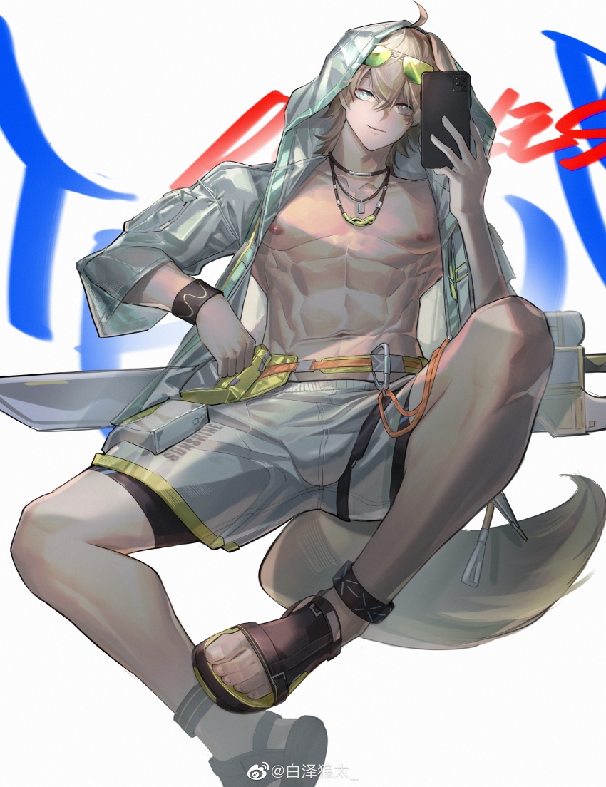 abs, absurdres, animal_ears, arknights, baizelangtai_(hallyswift), blonde_hair, blue_eyes, cellphone, eyewear_on_head, highres, jewelry, male_focus, phone, sandals, smartphone, solo, sword, tail, tequila_(arknights), weapon