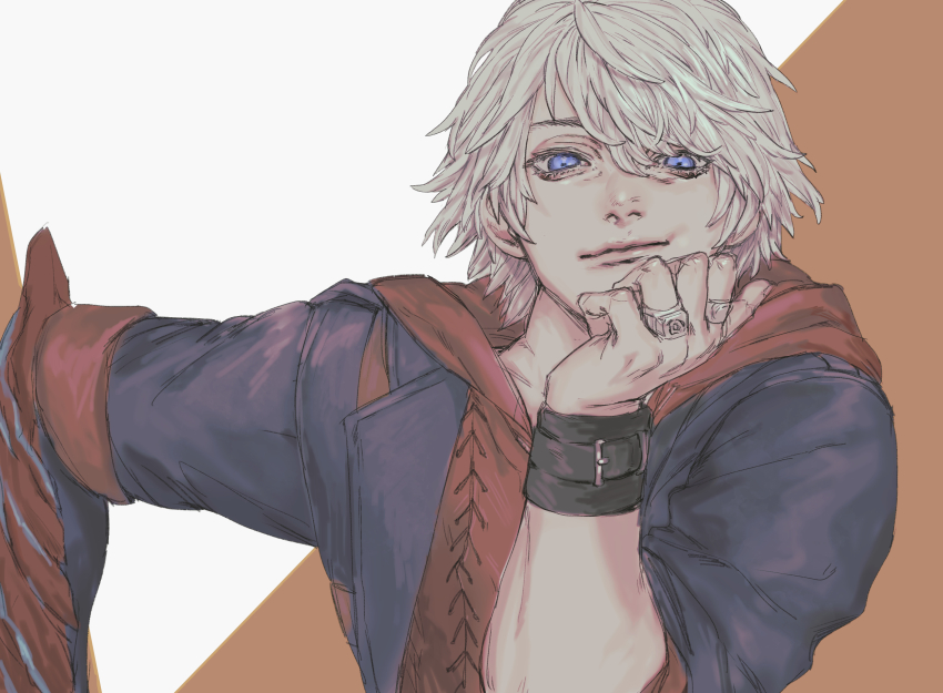 1boy, wrist_belt, blue_eyes, cheek_squash, closed_mouth, coat, devil_may_cry, devil_may_cry_(series)