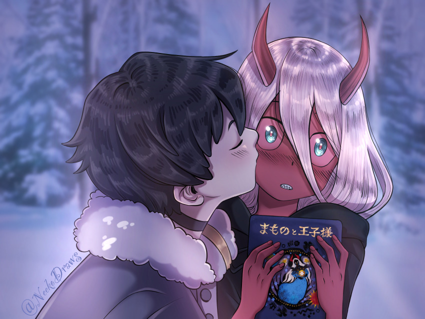 1boy, 1girl, absurdres, black_collar, black_hair, black_robe, blurry, blurry_background