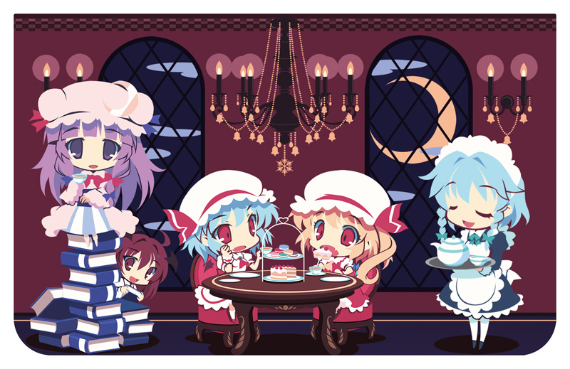 5girls, :d, ahoge, apron, bat_wings, blonde_hair, blue_bow, blue_dress