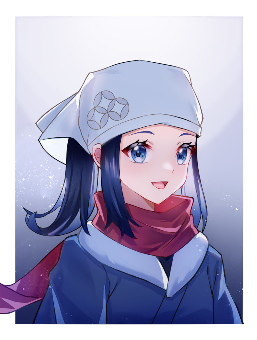 1girl, :d, akari_(pokemon), akipiz, blue_eyes, blue_hair, blue_kimono, border