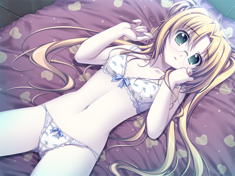 1girl, alpha_(yukai_na_nakamatachi), bed_sheet, blonde_hair, bra, braid, breasts, collarbone
