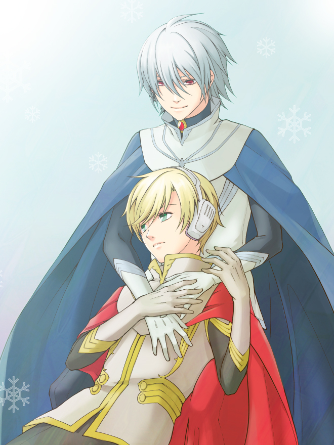 2boys, blonde_hair, cape, gloves, green_eyes, hearing_aid, jomy_marquis_shin, male_focus