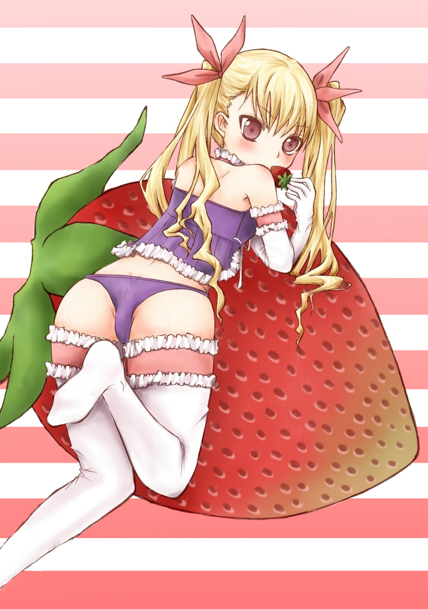 1girl, dance_in_the_vampire_bund, female_focus, food, fruit, highres, mina_tepes, panties, solo, strawberry, thighhighs, twintails, underwear, uni_(necogyu)