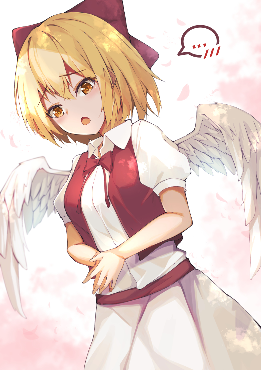 ..., 1girl, absurdres, angel_wings, blonde_hair, bow, bowtie, breasts, collared_shirt, commentary_request, dutch_angle, embarrassed, feathered_wings, gengetsu_(touhou), hair_bow, highres, kogane_ringo, medium_breasts, open_clothes, open_mouth, open_vest, puffy_short_sleeves, puffy_sleeves, red_bow, red_bowtie, red_vest, shirt, short_sleeves, skirt, speech_bubble, touhou, touhou_(pc-98), vest, white_shirt, white_skirt, white_wings, wings, yellow_eyes