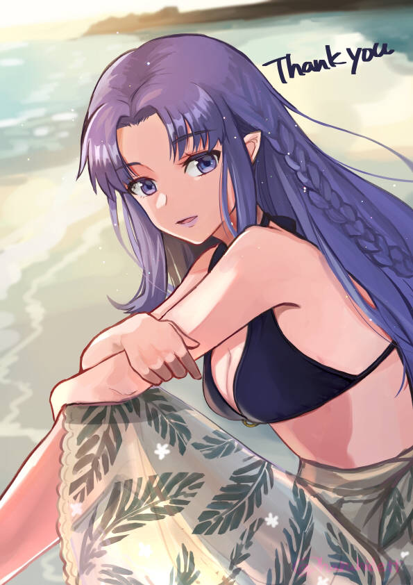 1girl, alternate_costume, beach, bikini, black_bikini, braid, breasts, cleavage, commentary_request, commission, day, english_text, fate/grand_order, fate/stay_night, fate_(series), lips, long_hair, looking_at_viewer, matsui_haru, medea_(caster)_(fate), medea_(fate), medium_breasts, outdoors, parted_bangs, parted_lips, pointy_ears, purple_eyes, purple_hair, purple_lips, sand, sarong, side_braid, sidelocks, sitting, skeb_commission, solo, sunlight, swimsuit, thank_you, water