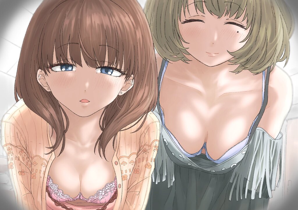 2girls, bare_shoulders, blue_bra, blue_eyes, bra, breasts, brown_hair, cleavage