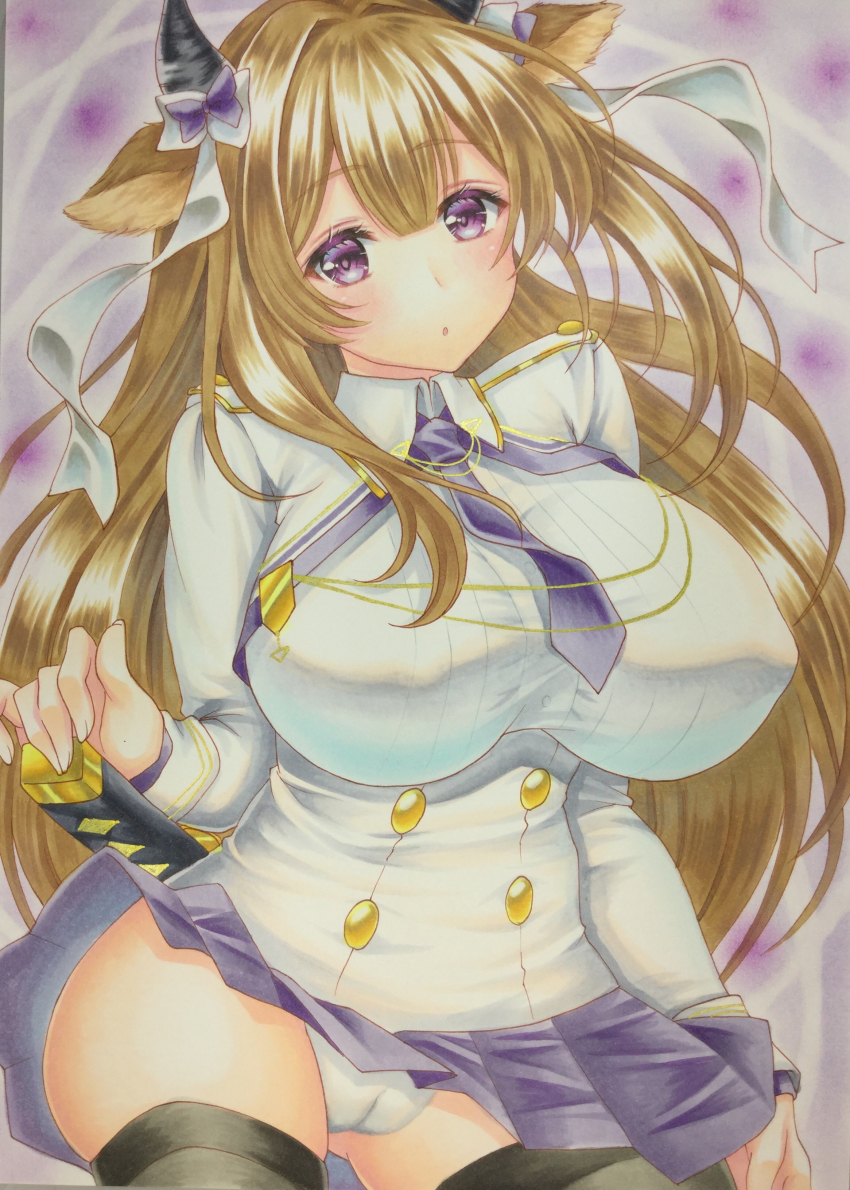 1girl, absurdres, animal_ears, azur_lane, black_legwear, breasts, brown_hair, collared_jacket, cow_ears, cow_horns, cowboy_shot, hair_ribbon, hand_on_weapon, highres, horns, huge_breasts, jacket, kashino_(azur_lane), katana, kumaccyo, long_hair, looking_at_viewer, marker_(medium), necktie, panties, purple_background, purple_eyes, purple_necktie, ribbon, simple_background, skirt, solo, sword, traditional_media, underwear, uniform, weapon