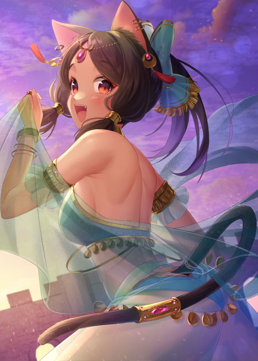 1girl, animal_ears, back, bracelet, breasts, brown_eyes, brown_hair, cat_ears, cat_girl, cat_tail, commentary, dancer, earrings, fang, forehead_jewel, from_behind, highres, jewelry, kaniku, medium_breasts, open_mouth, original, outdoors, see-through_clothes, short_twintails, solo, tail, tail_ornament, twintails