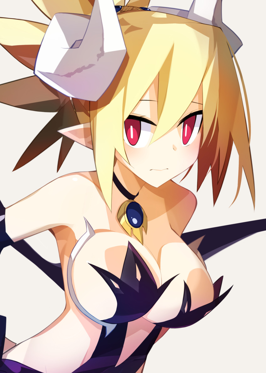 1girl, absurdres, bare_shoulders, blonde_hair, blush, breasts, disgaea, disgaea_rpg, highres, horns, la_pucelle, large_breasts, makai_senki_disgaea_2, nanozenzen, official_alternate_costume, overlord_rozalin, pointy_ears, red_eyes, revealing_clothes, slit_pupils, upper_body