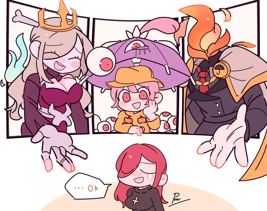 1boy, 3girls, blush_stickers, bone, cape, crown, eyeball, closed_eyes, family, fire, gloves, hat, highres, hungern_(skullgirls), king_franz_renoir, multiple_girls, necktie, open_mouth, outstretched_hand, parasoul_(skullgirls), pink_hair, pow3776, queen_nancy_renoir, red_hair, short_hair, skullgirls, umbrella_(skullgirls)