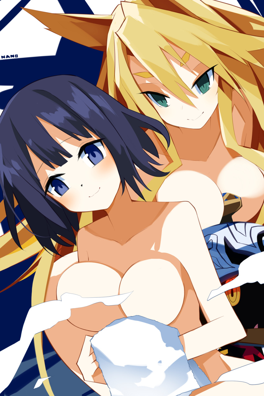 2girls, absurdres, animal_nose, bare_shoulders, black_hair, blonde_hair, blue_eyes, blush