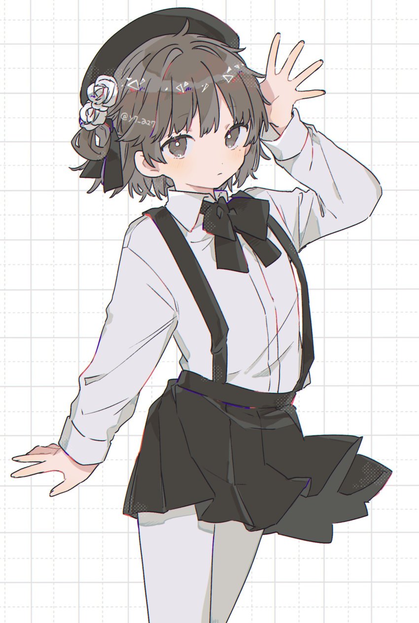1girl, beret, black_skirt, brown_hair, expressionless, flower, hair_flower, hair_ornament, hand_up, hat, hatoba_tsugu, highres, looking_at_viewer, neck_ribbon, pantyhose, patterned_background, pleated_skirt, ribbon, shirt, short_hair, skirt, solo, suspender_skirt, suspenders, tsugu_(vtuber), virtual_youtuber, white_background, white_pantyhose, white_shirt, yayoripain