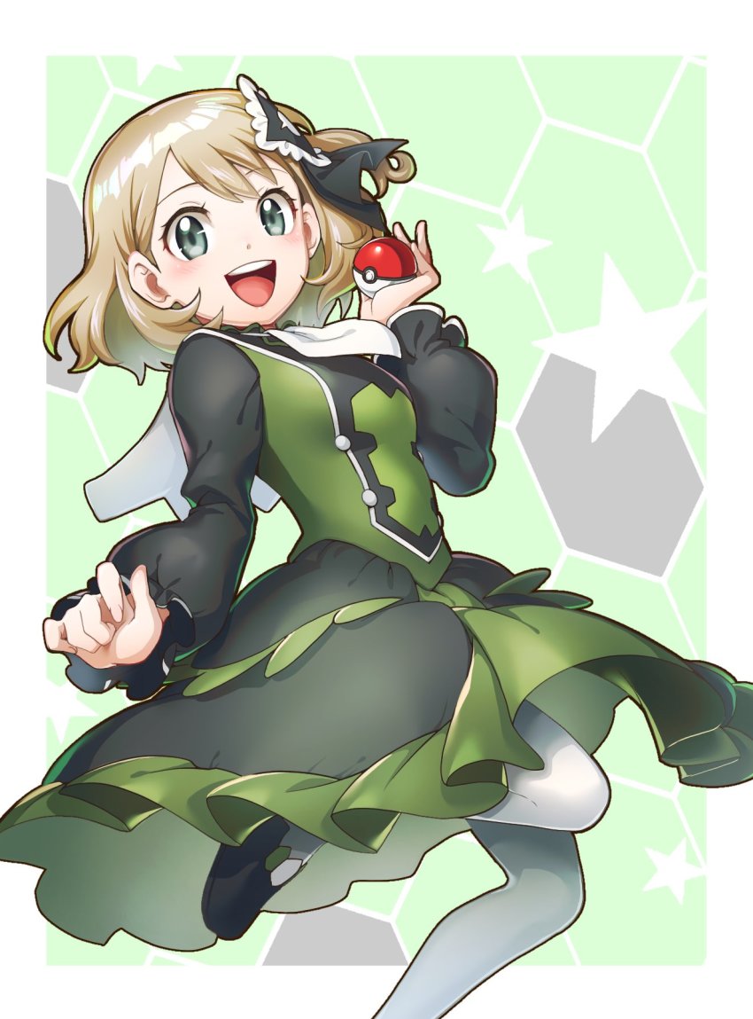 1girl, :d, ascot, black_shoes, blonde_hair, blush, border, breasts