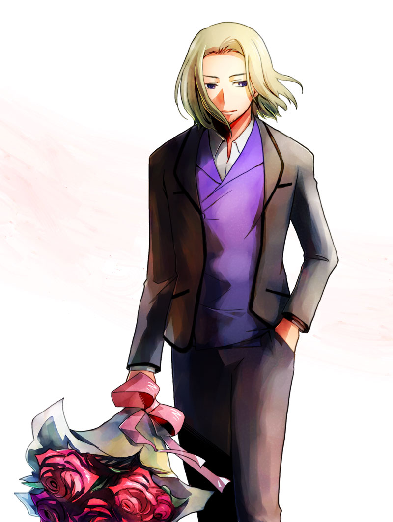1boy, axis_powers_hetalia, blonde_hair, bouquet, flower, france_(hetalia), hand_in_pocket, koneri_(toyotarou), male_focus, red_rose, rose, solo