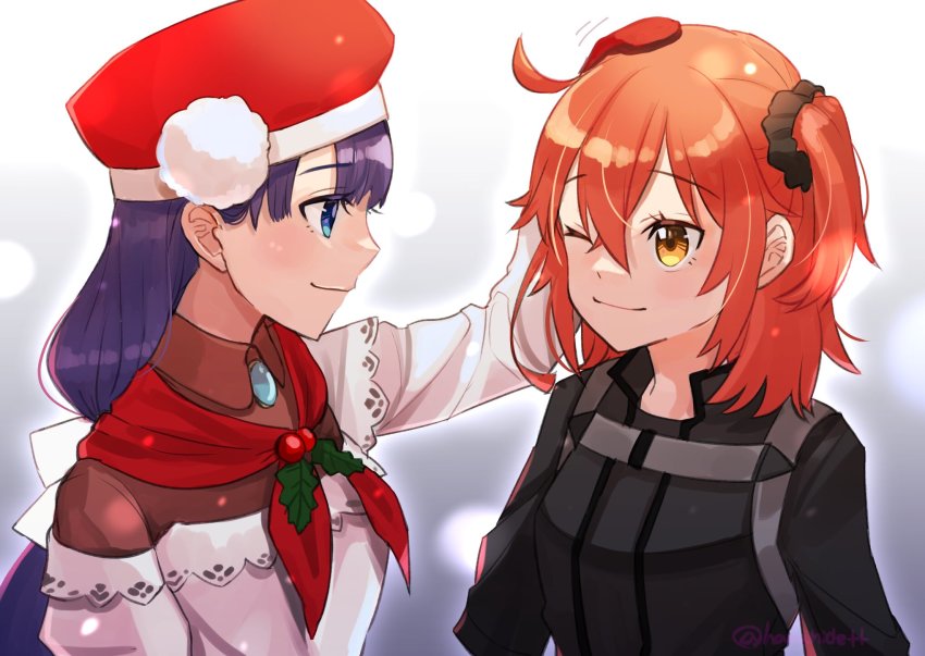 2girls, ahoge, blue_eyes, commentary_request, fate/grand_order, fate_(series), fujimaru_ritsuka_(female), fujimaru_ritsuka_(female)_(polar_chaldea_uniform)