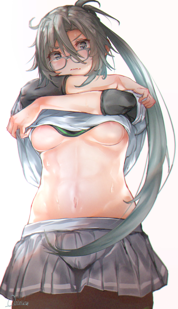 1girl, abs, amagiri_(kancolle), asymmetrical_bangs, blush, breasts, closed_mouth, commentary_request, cowboy_shot, fang, glasses, grey-framed_eyewear, grey_eyes, grey_hair, grey_skirt, groin, hair_between_eyes, kantai_collection, long_hair, looking_at_viewer, mani_oniniku, navel, pleated_skirt, ponytail, ribbon, school_uniform, serafuku, short_sleeves, sidelocks, signature, simple_background, skin_fang, skirt, small_breasts, solo, standing, stomach, sweat, underboob, undershirt, undressing, very_long_hair, white_background