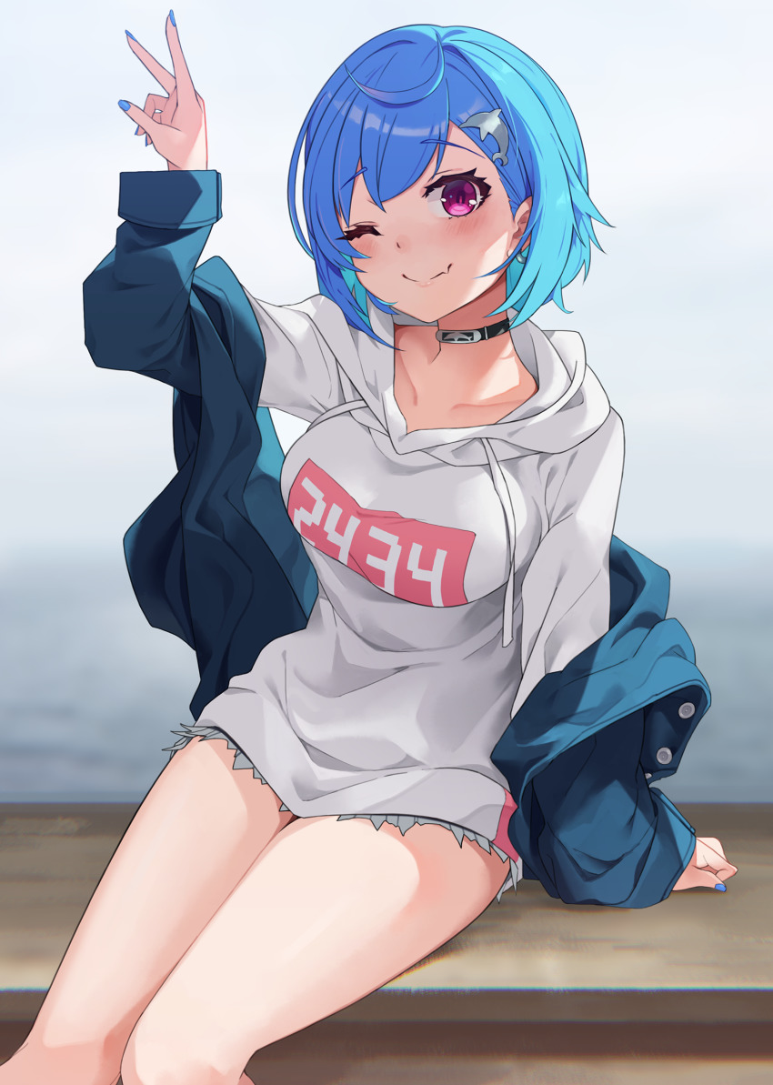 1girl, ;), alternate_breast_size, arm_up, black_choker, blue_eyes, blue_jacket, blue_nails