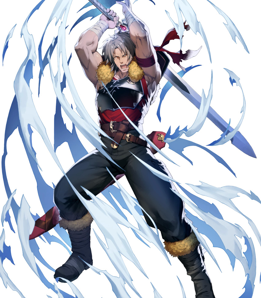 1boy, arm_up, armor, artist_request, bandages, black_boots, black_pants, boots