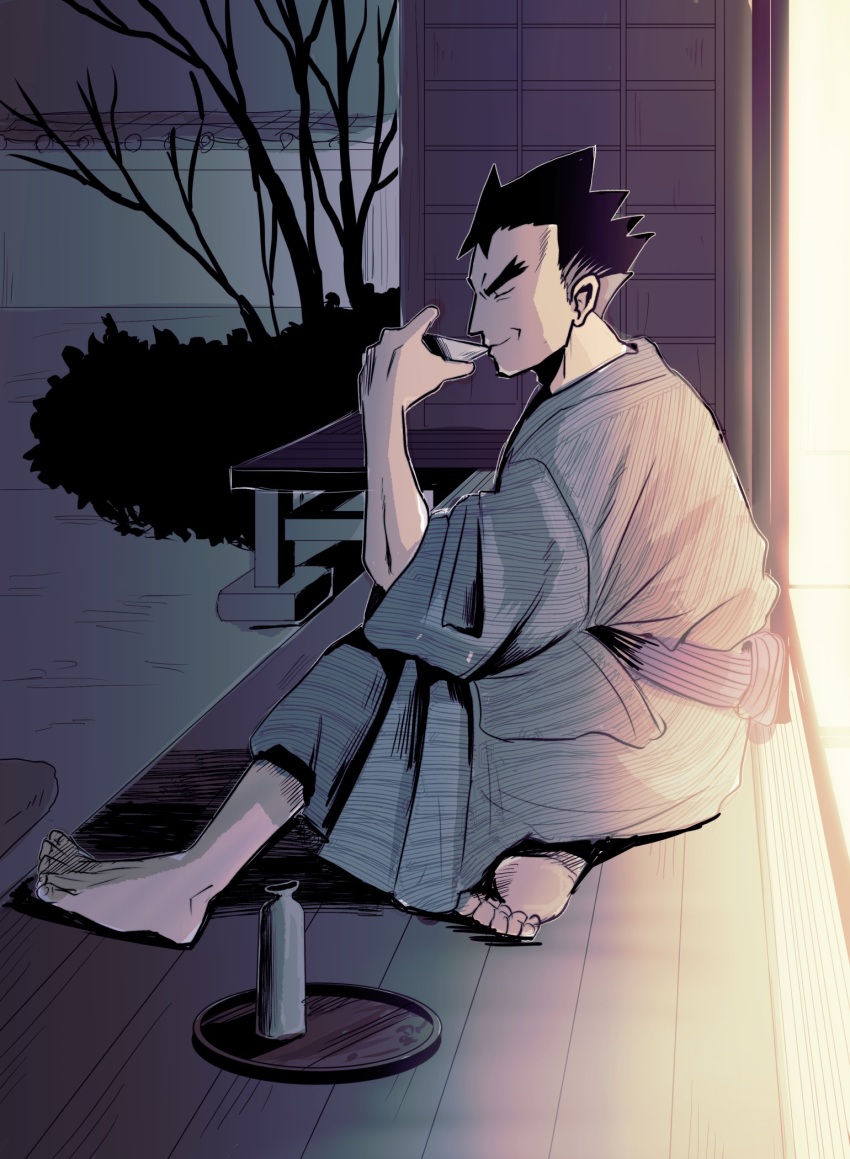 1boy, alternate_costume, bare_tree, barefoot, black_hair, bush, closed_eyes, closed_mouth