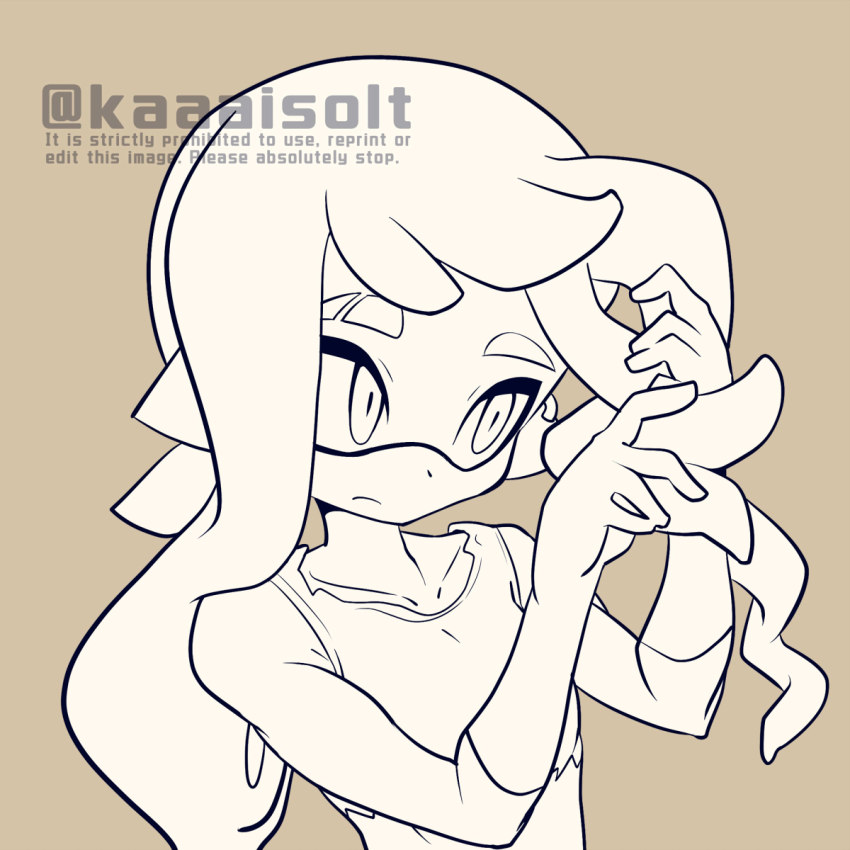 1girl, closed_mouth, frown, head_tilt, highres, holding, holding_own_hair, inkling, inkling_girl, inkling_player_character, kaaaisolt, looking_to_the_side, monochrome, nintendo, pointy_ears, simple_background, solo, splatoon_(series), tank_top, tentacle_hair, twitter_username, upper_body, white_background, white_hair