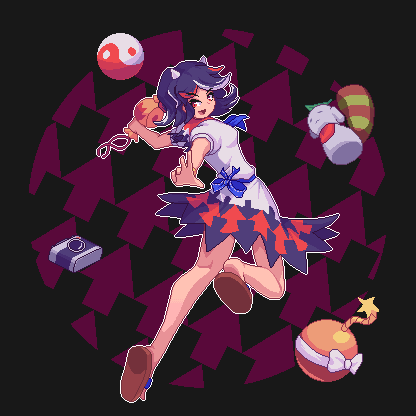 1girl, :d, arrow_background, arrow_print, black_hair, black_skirt, blue_bow, bomb