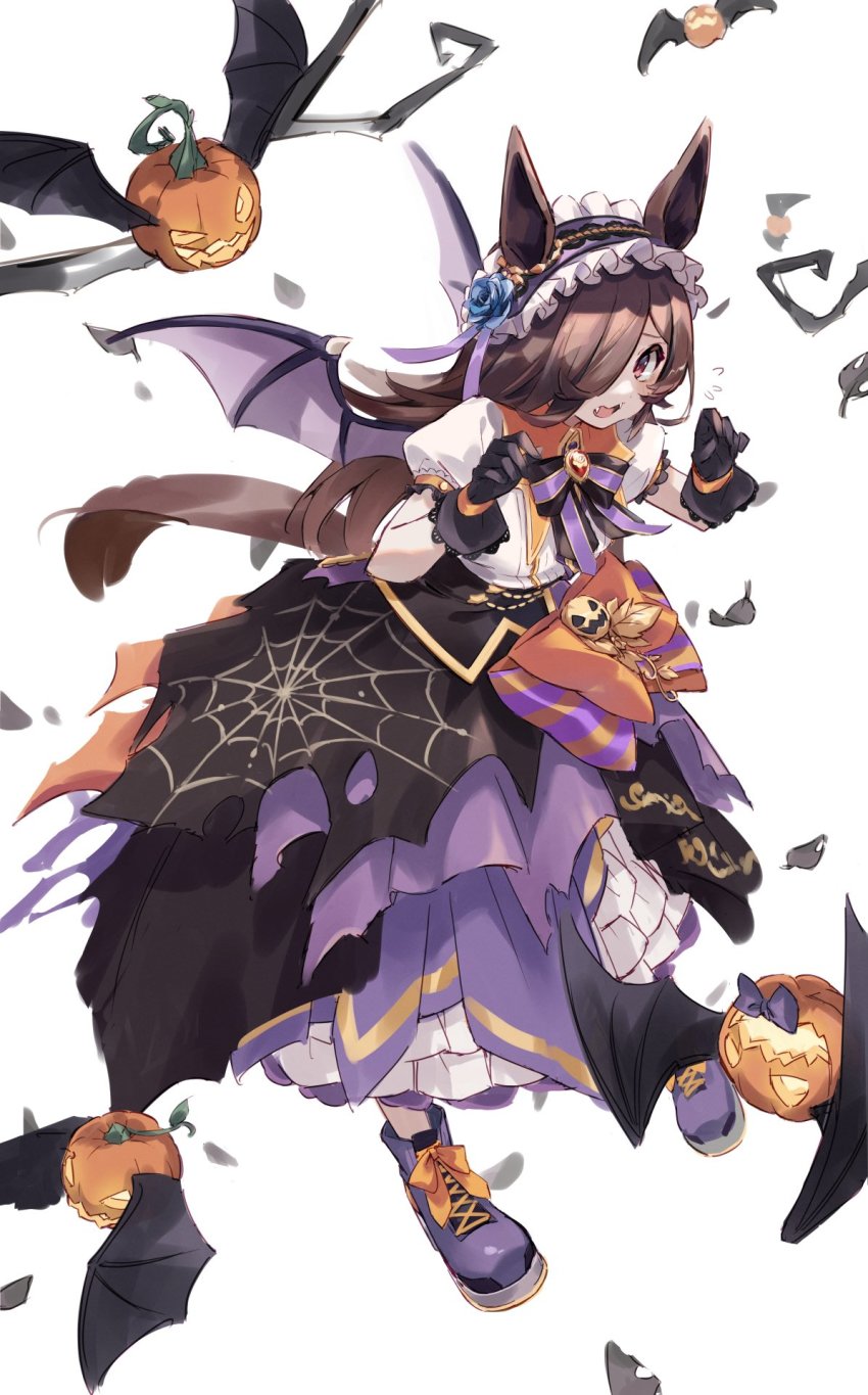 1girl, animal_ears, bat_wings, black_gloves, blue_flower, blue_rose, boots, brown_hair